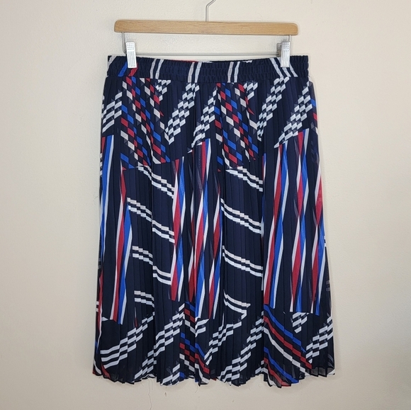 Roz & Ali | Navy Blue Red White Striped Pleated Midi Skirt Size Medium - Picture 1 of 4